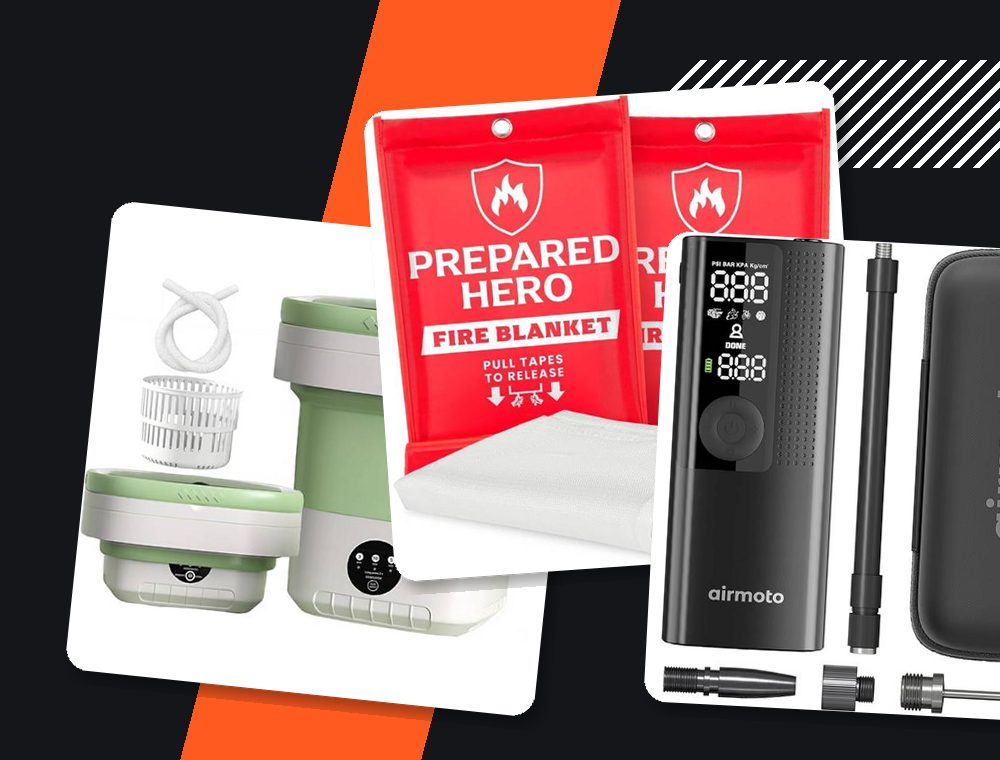 A foldable mini washer, a fire blanket and a portable tire inflator